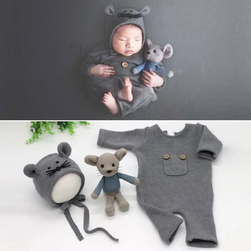 

1 Set Newborn Photography Props Suit Knitted Cotton Jumpsuit Hat Mouse Infant Photo Shooting Clothes