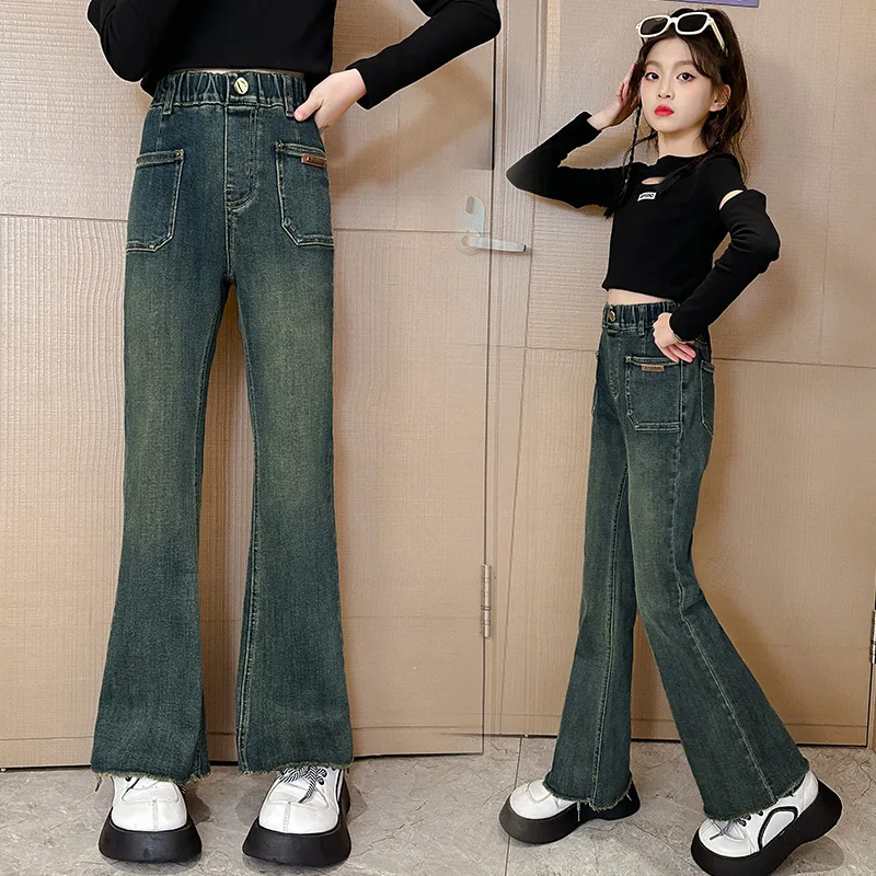 

Весенне-осенние повседневные Модные джинсы в стиле ретро с эластичным поясом в Корейском стиле для молодых девушек облегающие брюки с микро-колокольчиком