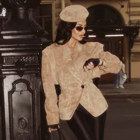 Fashion Dark Color Suede Fabric Stand Up Collar Jacket Women Causal Waist Cinched Broad Shoulder Coat Autumn High Street Outwear 1