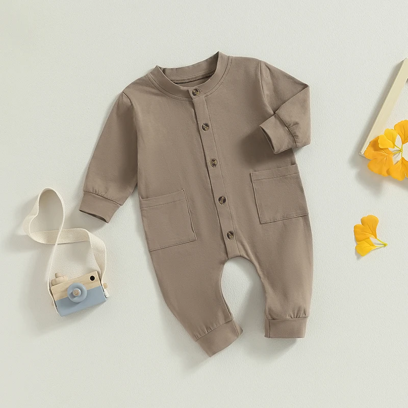 

Newborn Baby Boy Girl Fall Outfits Rompers Front Button Jumpsuit Pants with Pockets for Casual Infant Winter Clothes
