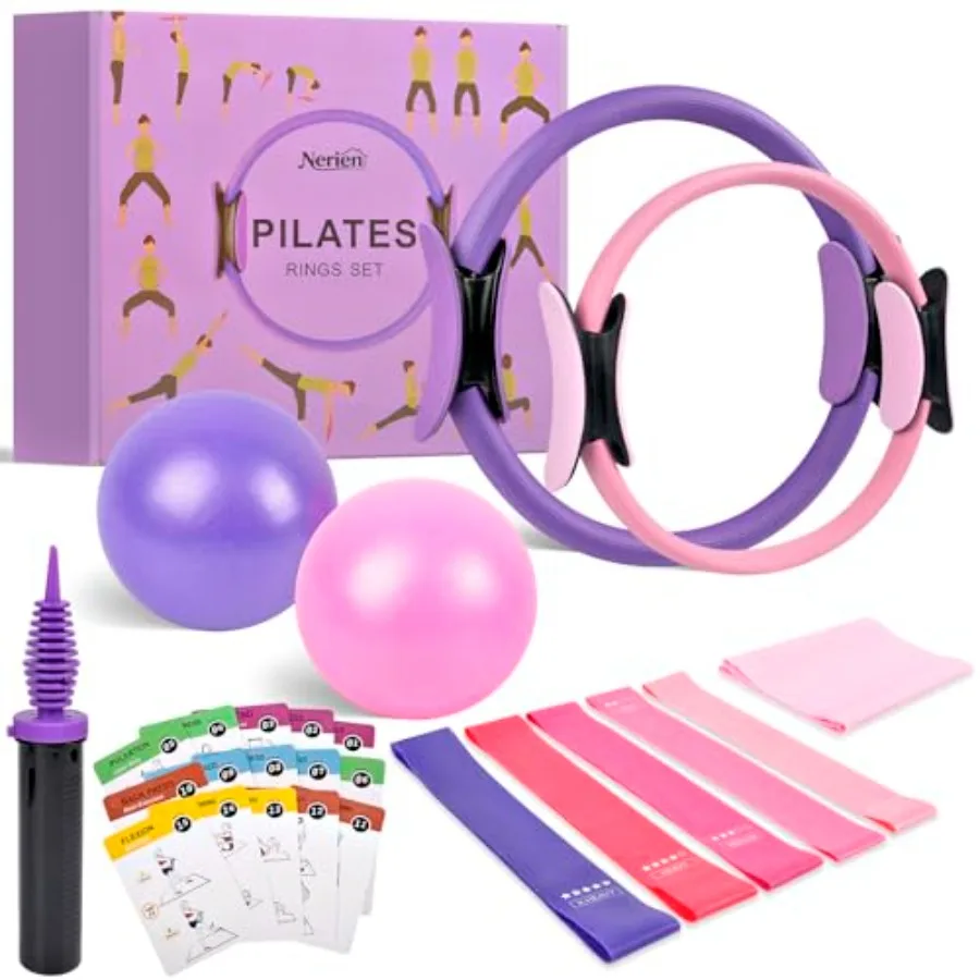 Pilates Ring Ball Equipment Kit - 27Pcs, 12" And 14" Magic Circle Rings, 9.8" Exercise Balls, Workout Cards, Resistance_voghion.com