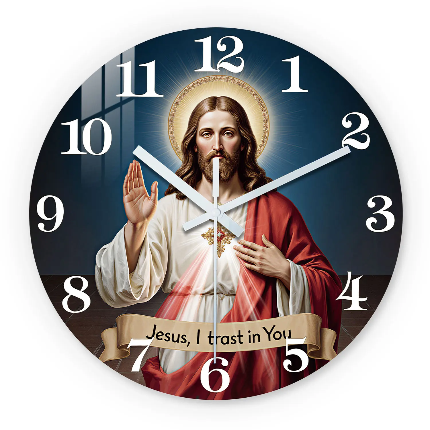 Sacred Heart Deep Blue Wooden Wall Clock - Silent and Stylish Home Décor