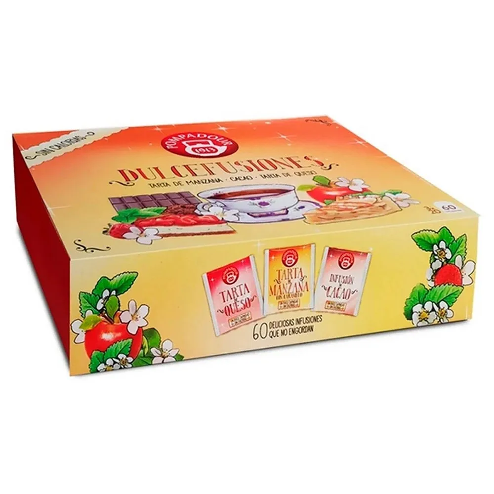 Dulcefusiones Pompadour Tarta de queso, Tarta de manzana con Caramelo, Infusión cacao Raíz Inicio INFUSIONES 072023