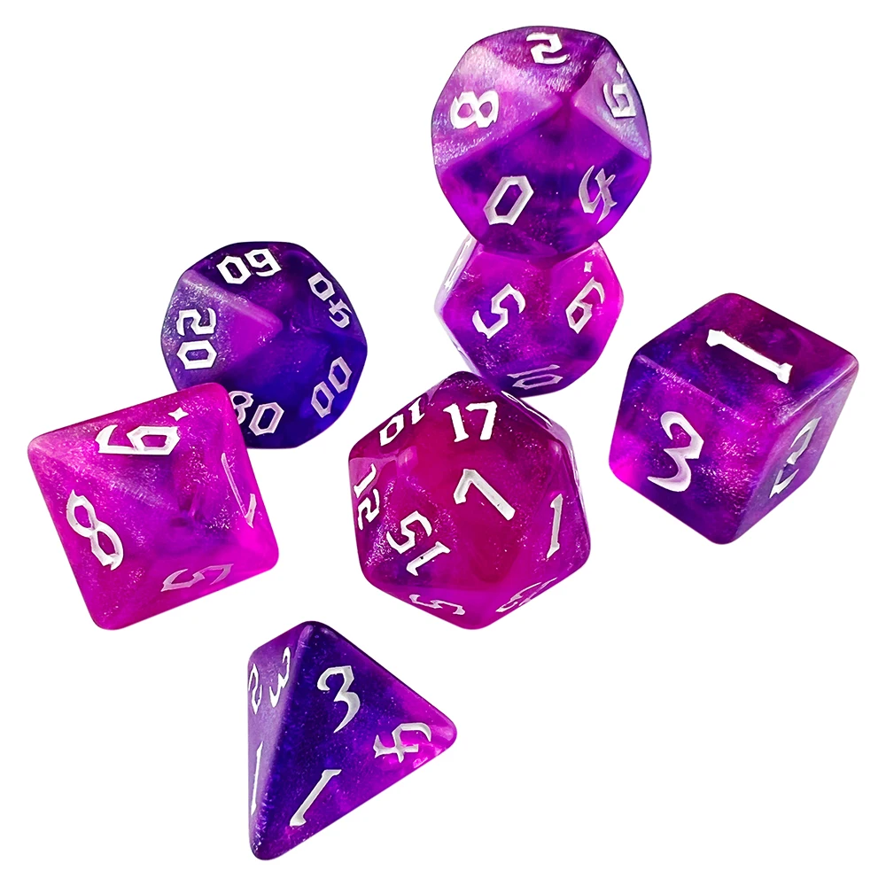 DND Würfel RPG Würfel Acrylwürfel Mehrfarbig Sternenlicht-Effekt 7er Würfelset Retro-Schriftstil für Brettspiele DND RPG Zubehör – Detail 5