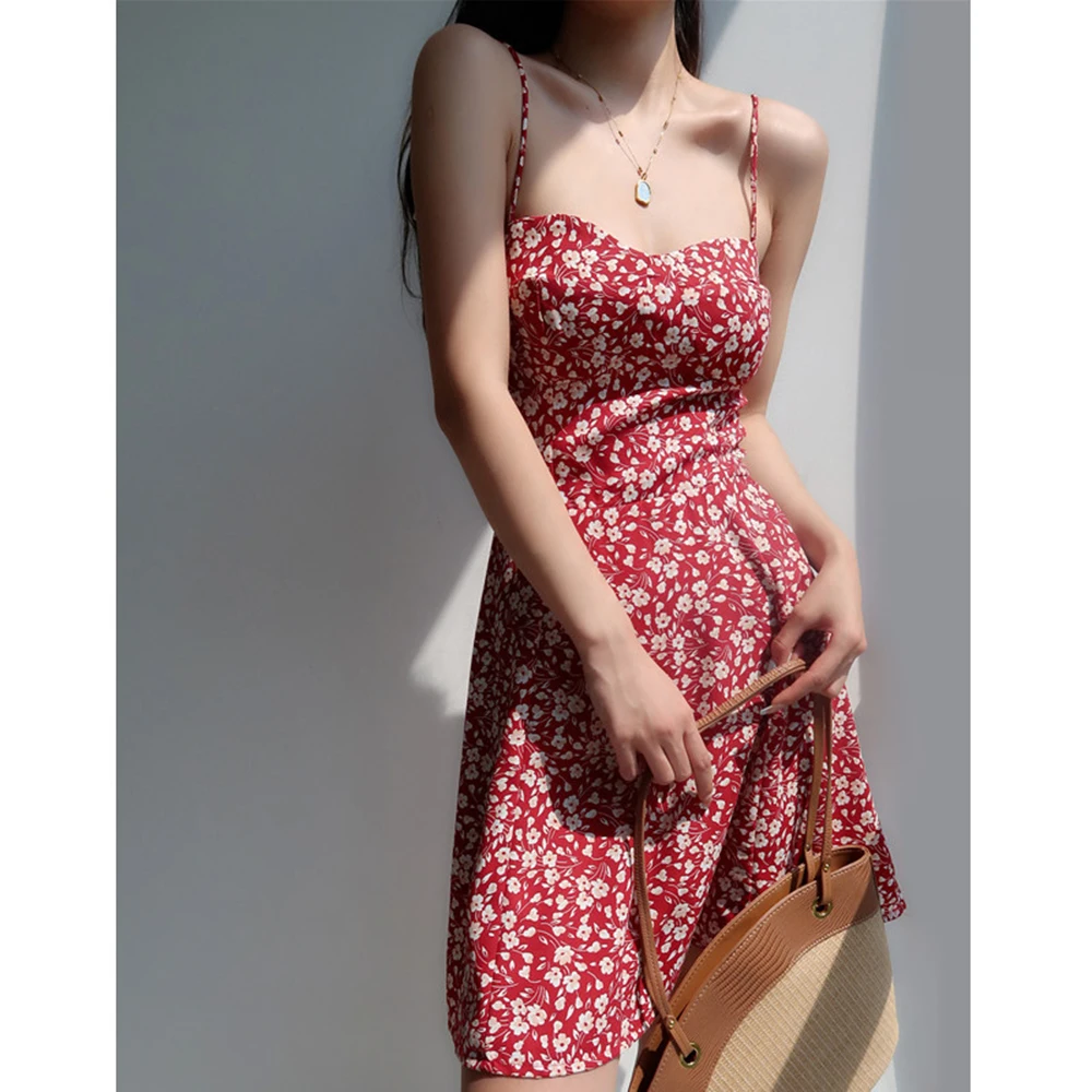 

Fashion Retro Girl V-neck Red Floral Suspender Elegant And Pretty Women's Dresses Summer New Slim Fitting Vacation Short Dress