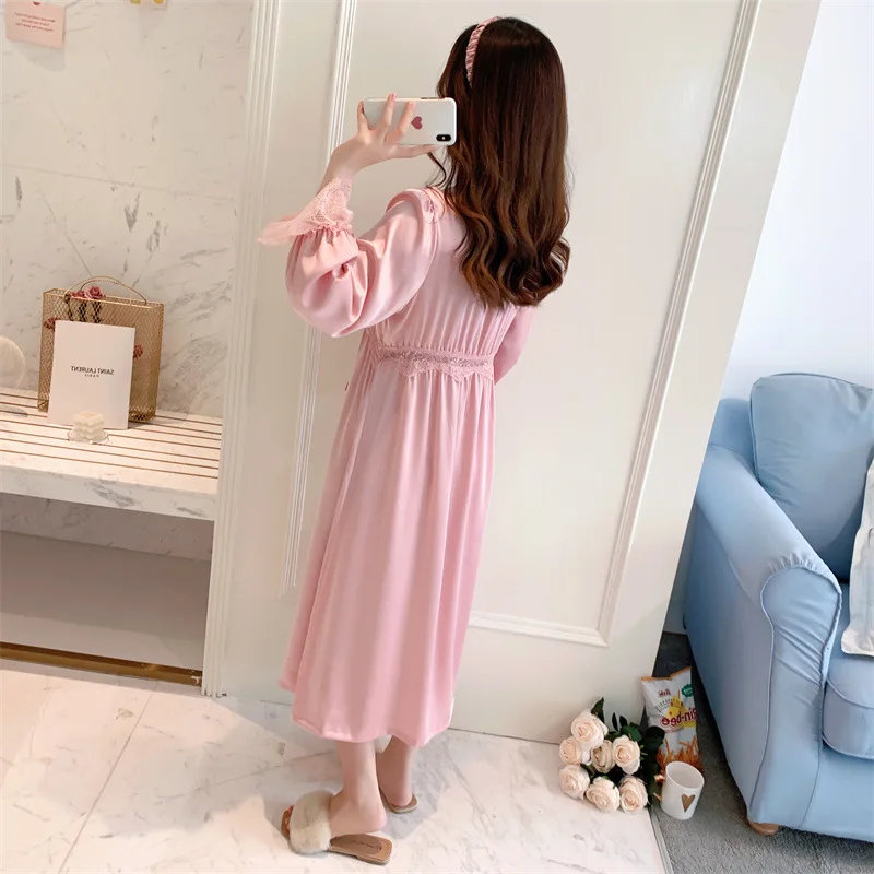 

Spring Autumn Sexy Lace Ice Nightdress Women's Lace French Nightgown Lady Court Style Home Clothes Female Sleepwear Nightwear