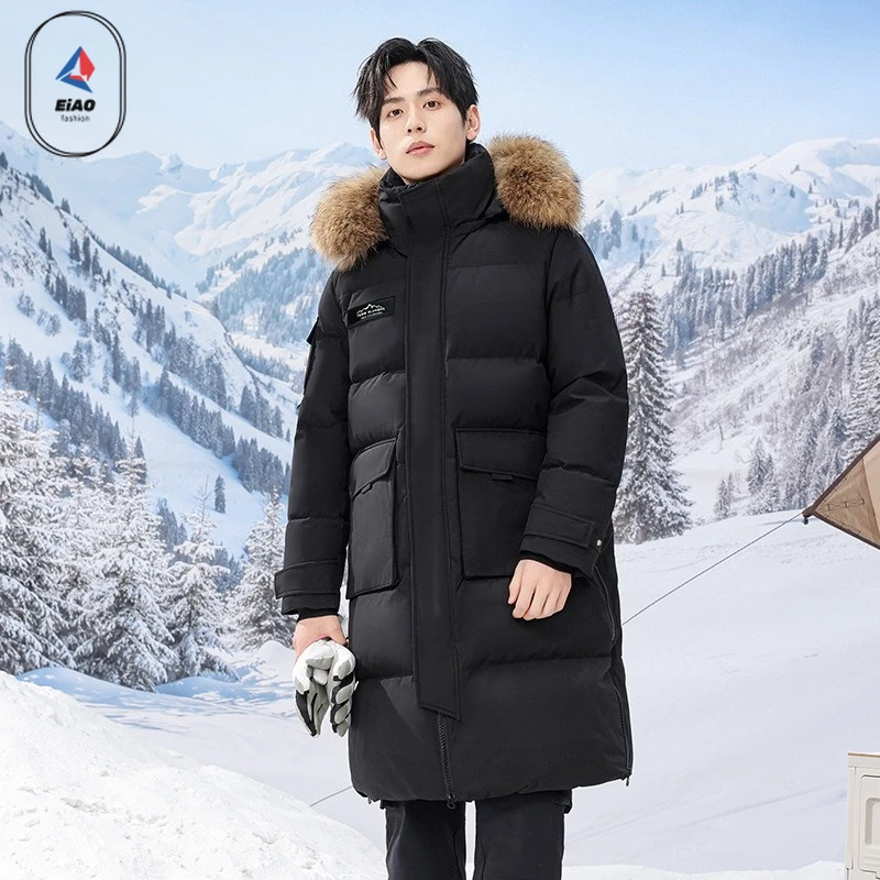 EIAO Winter Outdoor Long Down Jacket Men High-end Snow Thick White Duck Down Warm Coat Hiking Climbing Multi-pocket Puffer Parka