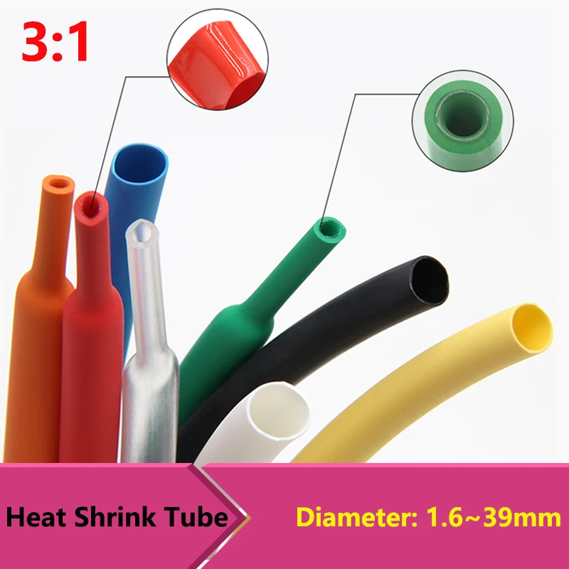 1/10M 3:1 Shrinkable Heat Tube with Glue 1.6/2.4/3.2/4.8/6.4/7.9/9.5/12.7/15.4/19.1/25.4/30/39 Insulation Shrink Rubber Sleeve