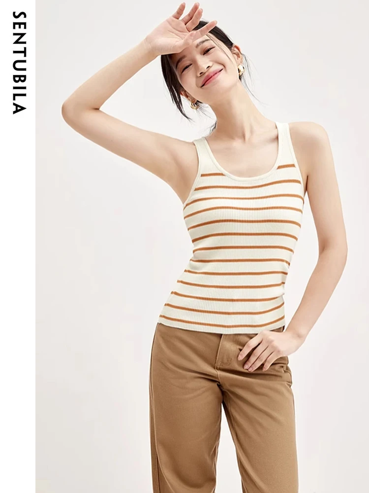 

SENTUBILA Women's Contrast Striped Tank Tops Knitted Vest 2023 Autumn New Retro Round Neck Slim Sleeveless Camisole N33I51089