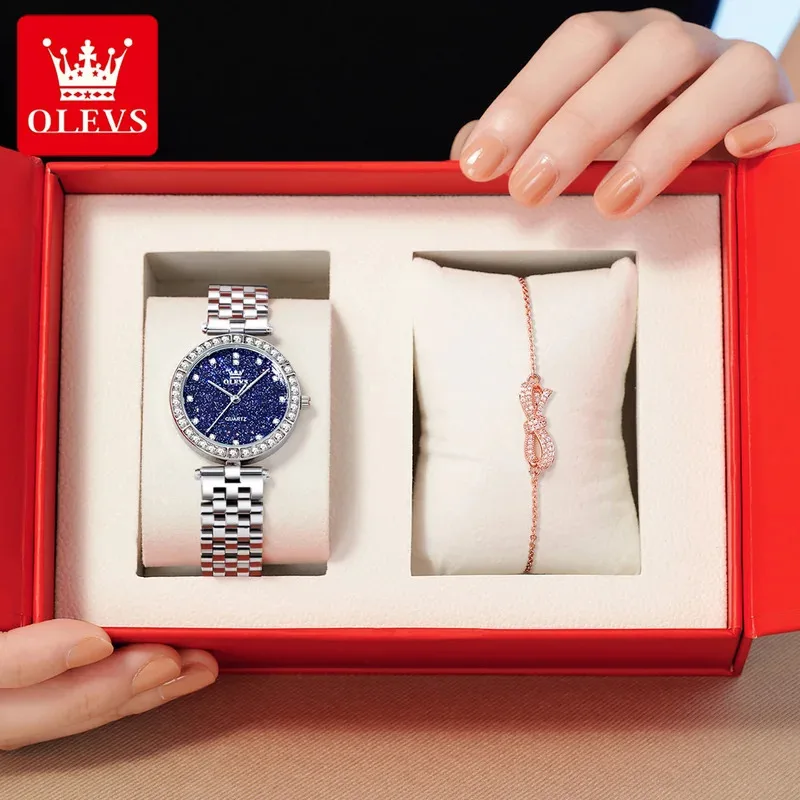 OLEVS 3641 quartz elegant for women with sparkling diamond frame and star-studded dial and water-resistant bracelet set - authenti...