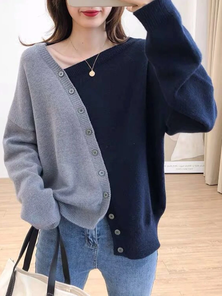 Korean Style Loose Irregular Long Sleeved Knit Shirt Women Block Color Patchwork Female Knitting Pullovers Lady Casual Sweaters 2021 winter woman sweater knitting pullovers loose round neck long sleeve cute women knit sweaters pullovers kawaii sweet tops