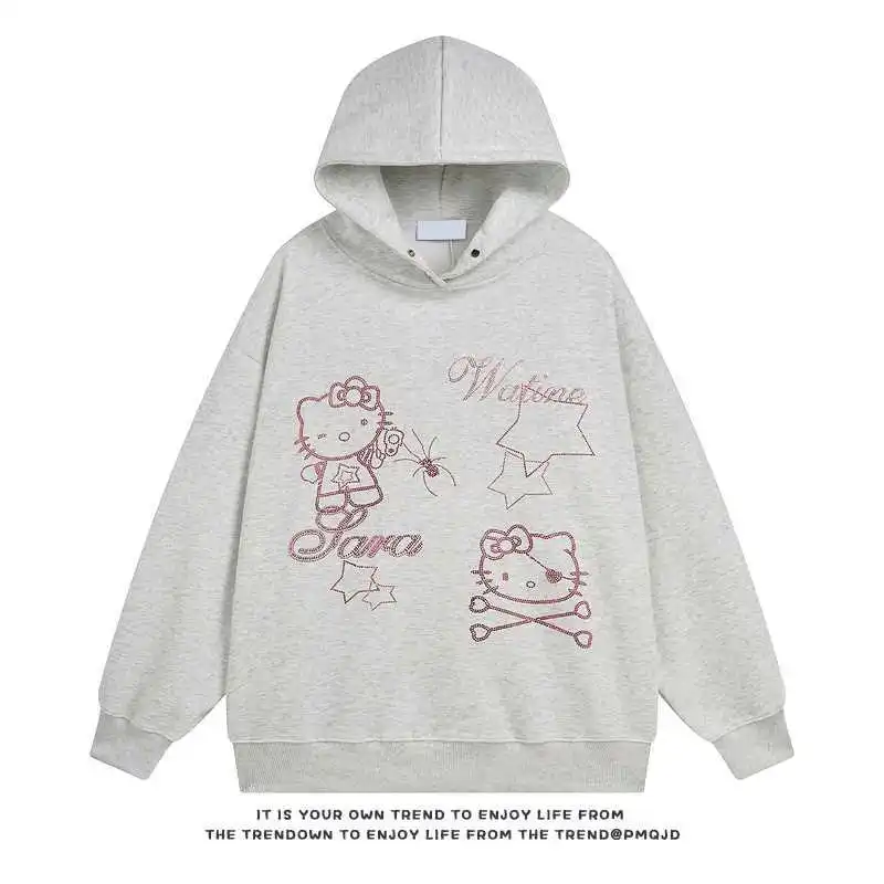 

Sanrios Hello Kitty Rhinestone Hooded Sweater Cute College Style Couple Hoodie Spring and Autumn Coat