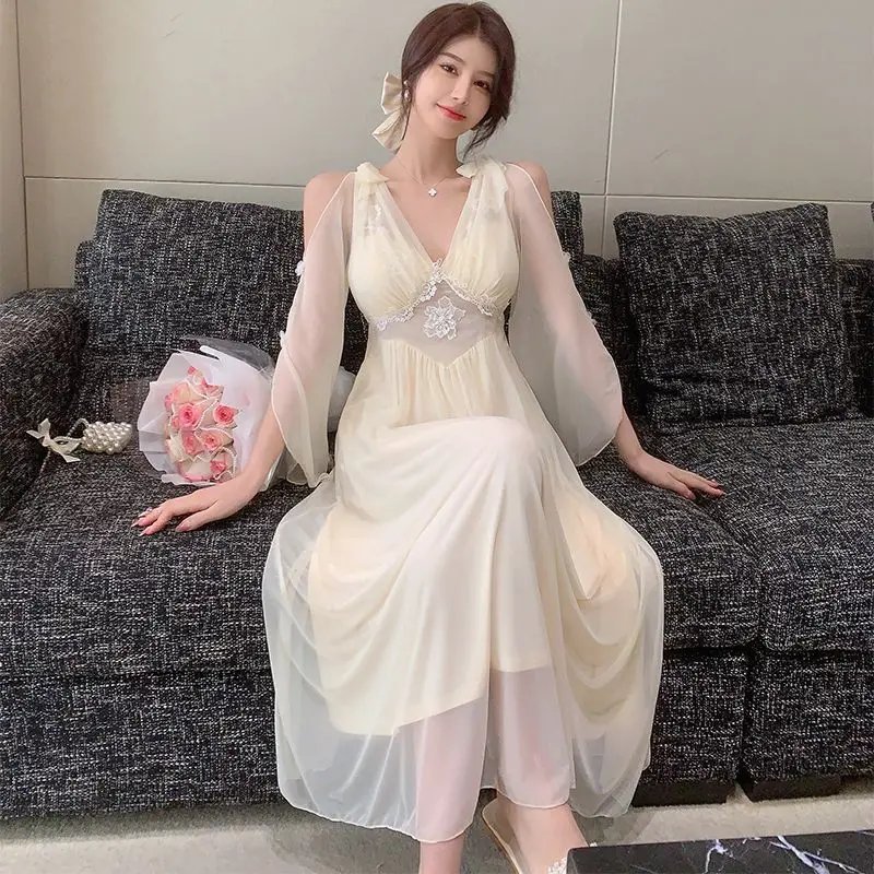 WomenFrenchPrincessVNeckFairyLongSleeveNightdressPajamaMesh