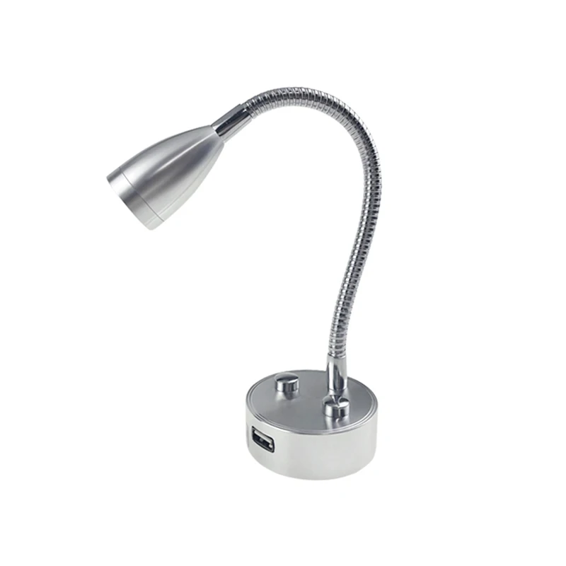 3W LED Reading Light Smart Touch Dimmable Flexible Gooseneck Wall Lamp with USB Charger Port DC12V 24V for Motorhome Yacht Cabin