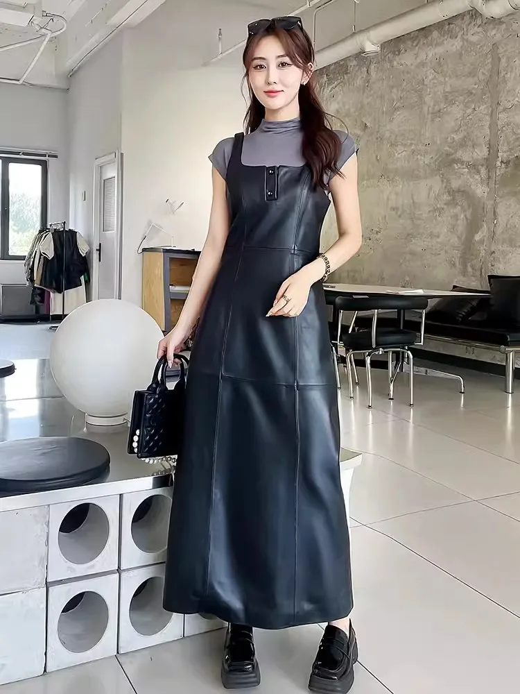 New Sleeveless Genuine Leather Dress Women High Waist Slim