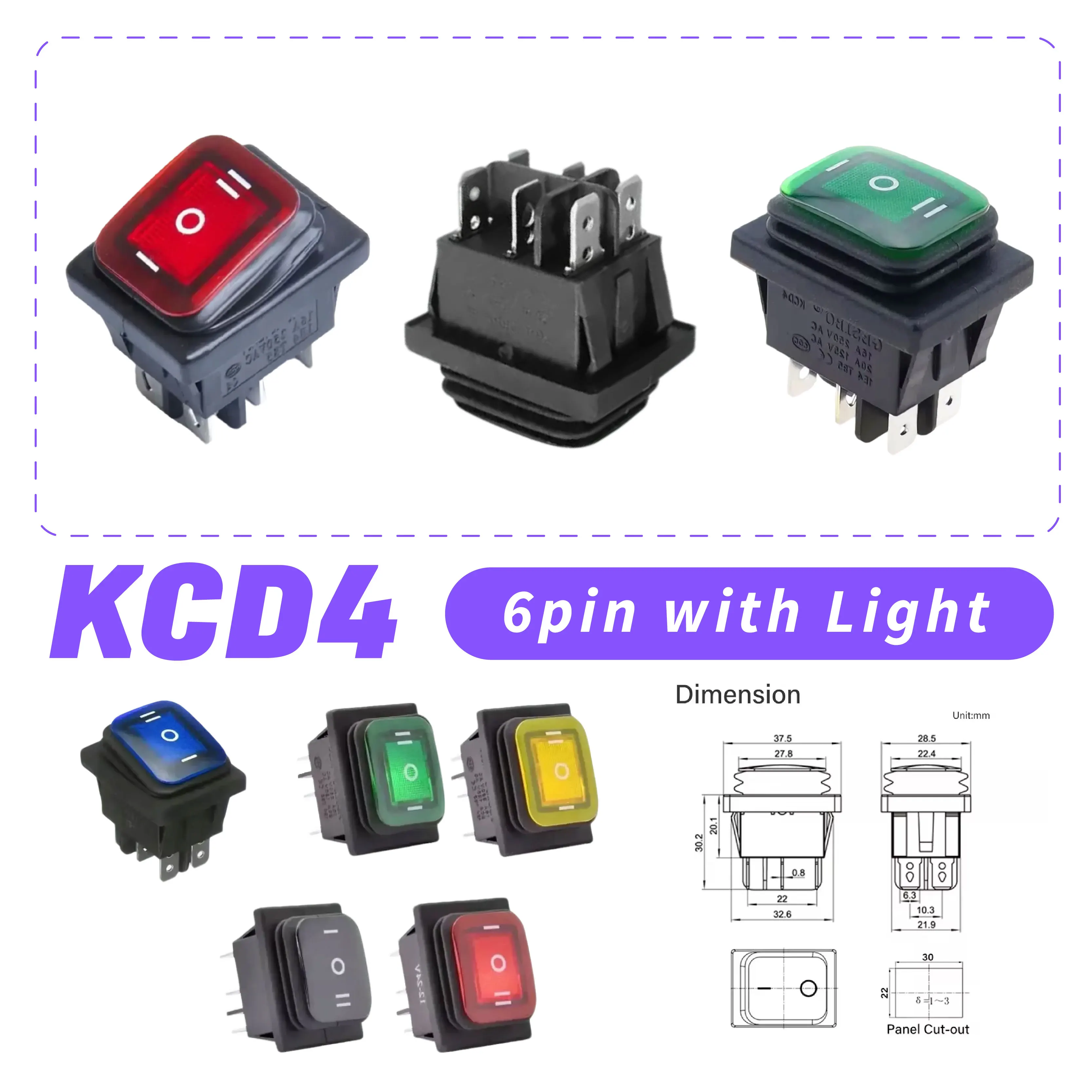 Momentary Rocker Switch 6 Pin LED Light KCD4 Reset Double Sides Spring ...