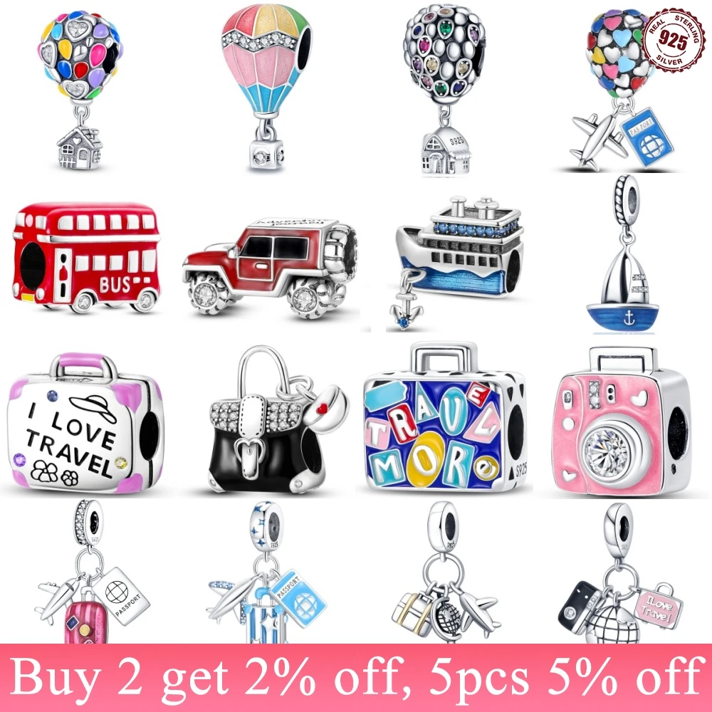 

Hot 39 Style 925 Sterling Silver Hot Air Balloon Luggage Travel Series Beads Charms Fit Pandora Women Bracelets DIY Jewelry Gift