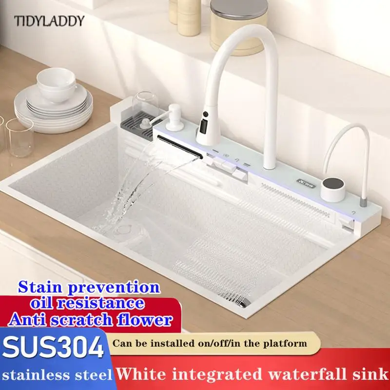 White Kitchen Sink 304 Stainless Steel Large Single Slot Whale Integrated Multifunction Digital Display Rain Faucet Set