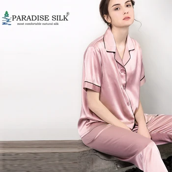 Womens Pajamas Set 19MM Pure Silk Short-Sleeved Top and Bottom Suit Two Piece For Summer Size M L XL