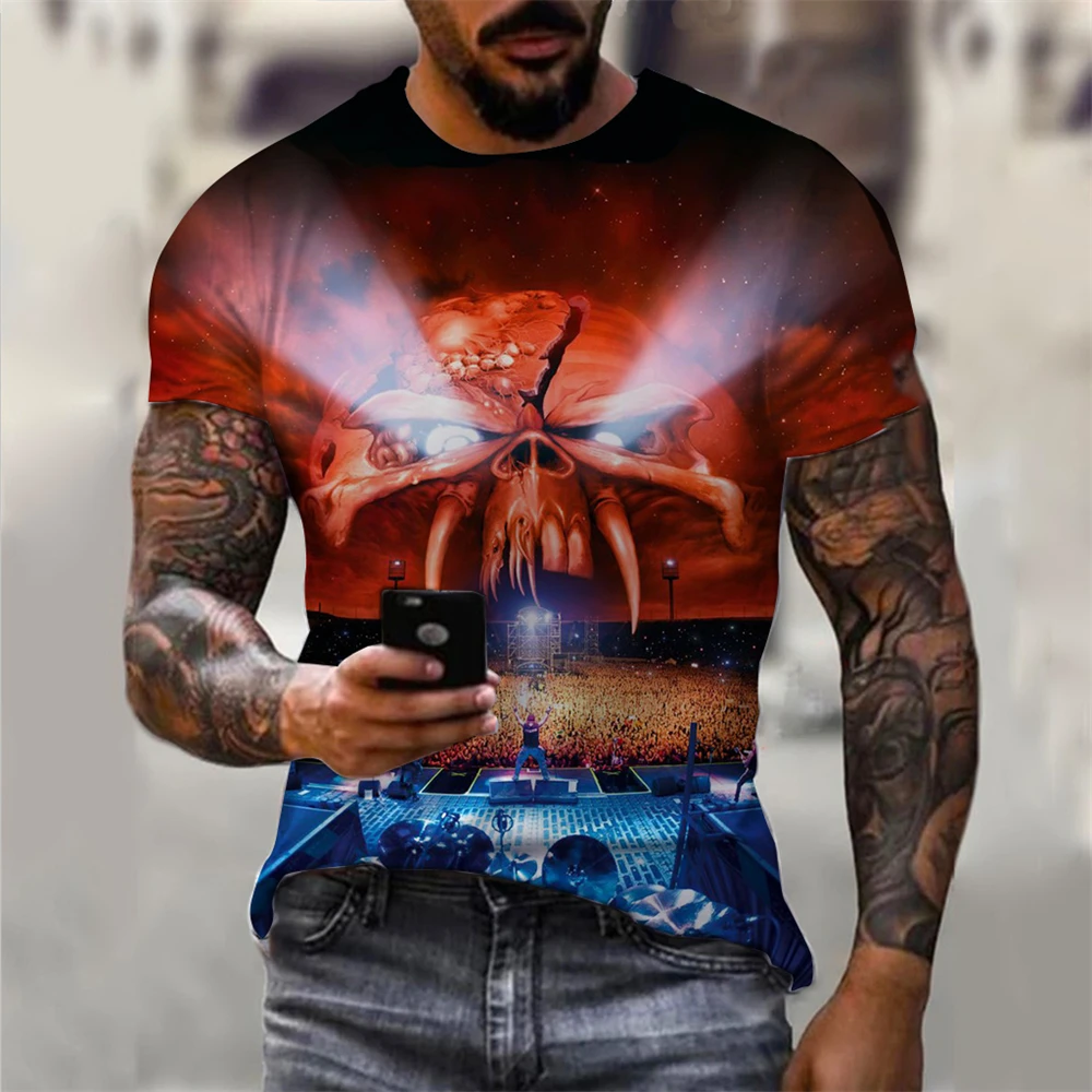 Mens 3D Skull T-Shirt - Black Gothic Short Sleeve Halloween Top