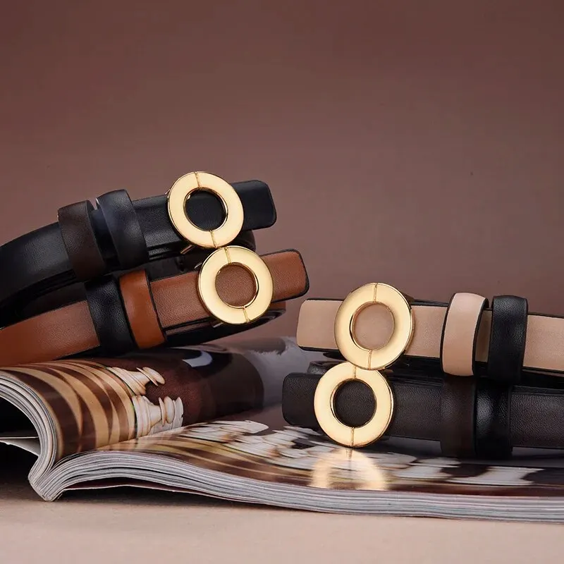 Women's Belt Fashion Gold Round Buckle Belt Double Sided Wearable Soft PU Leather Belt High Grade Genuine Jeans Belt Lady Belt