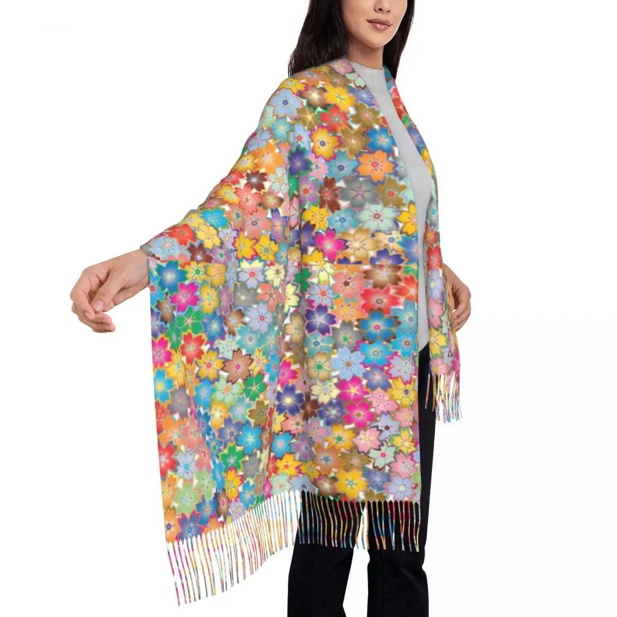 

Sweet Ditsy Floral Scarf Colorful Flower Warm Shawl Wraps with Tassel Women Casual Large Scarves Winter Design Bufanda