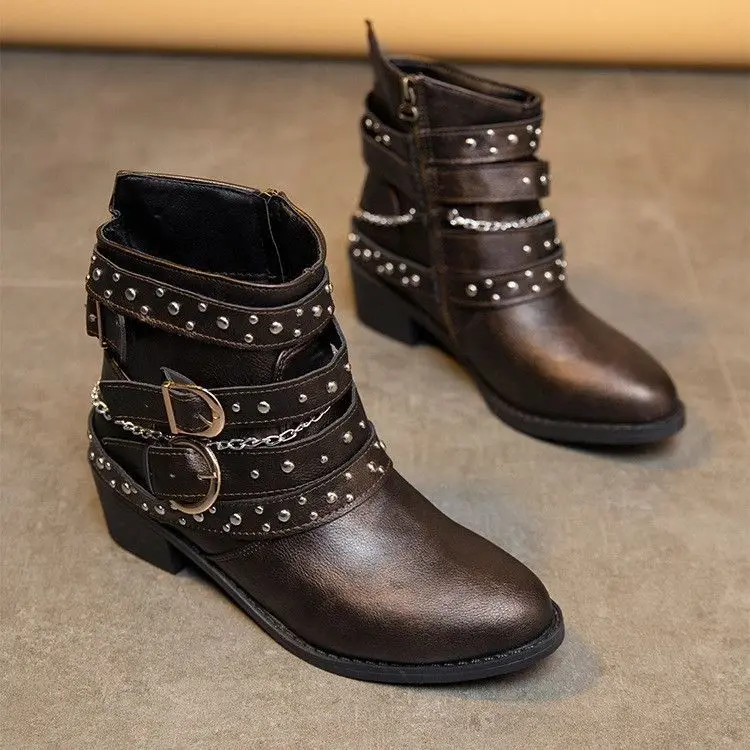 Punk Style Women Ankle Boots Rivets Studded Thick Sole Shoes Woman Black Short Booties Casual Knight Botas Mujer