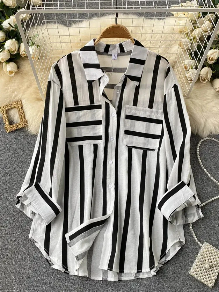 Fashion Woman Blouse 2023 Medium Length Vertical Stripe