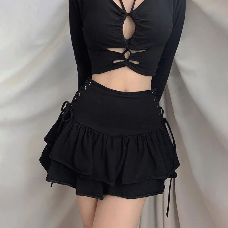 

Gothic Street Sexy Bandage Ruffle Tiered Skirt Women High Waist Solid Criss Cross Tie Up A-Line Mini Skirt Pleated Skirts
