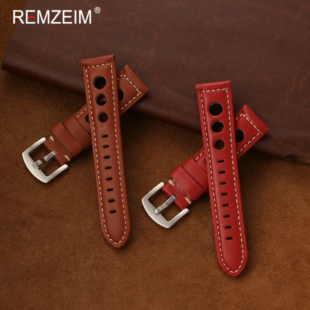 Men's Vintage Perforated Genuine Leather Watch Band - Breathable Replacement Strap