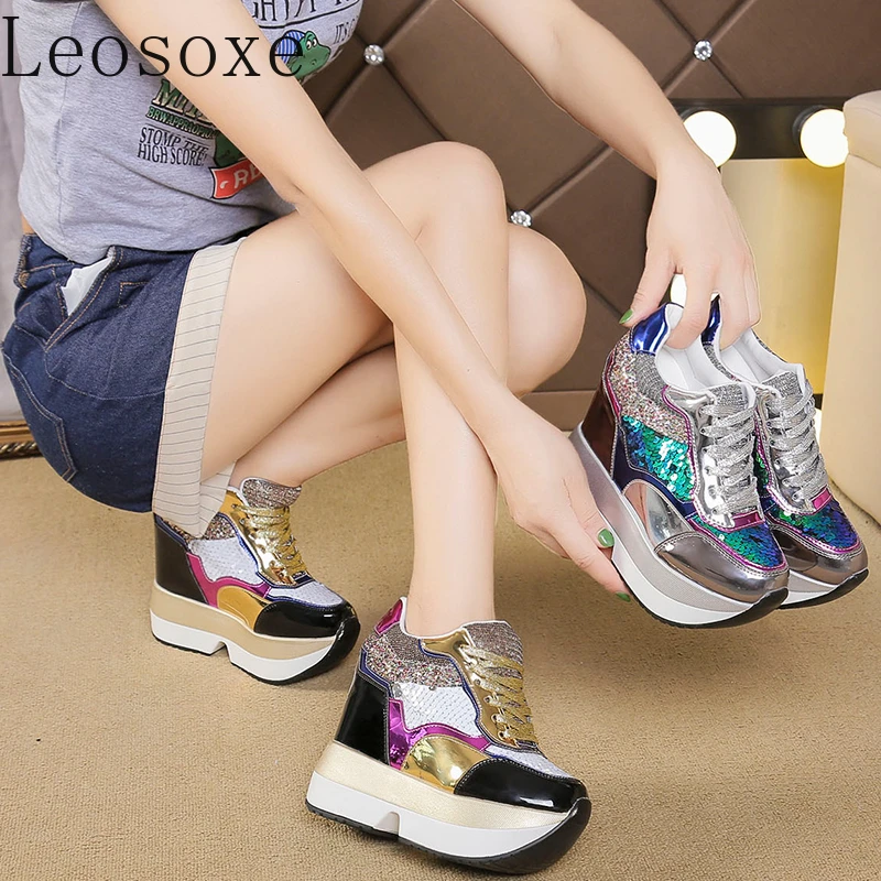Fashion Women's High Platform Casual Sneakers Height Increasi Leathe Shoes 10 CM Thick Sole Trainers Tennis Sports women shoes,casual sneakers,women sneakers