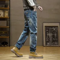 Pantalones vaqueros de estilo italiano a la moda para hombre, pantalones vaqueros rasgados ajustados elásticos de Retro Azul, pantalones vaqueros informales de diseñador Vintage para hombre 2