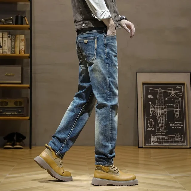 Pantalones vaqueros de estilo italiano a la moda para hombre, pantalones vaqueros rasgados ajustados elásticos de Retro Azul, pantalones vaqueros informales de diseñador Vintage para hombre 2