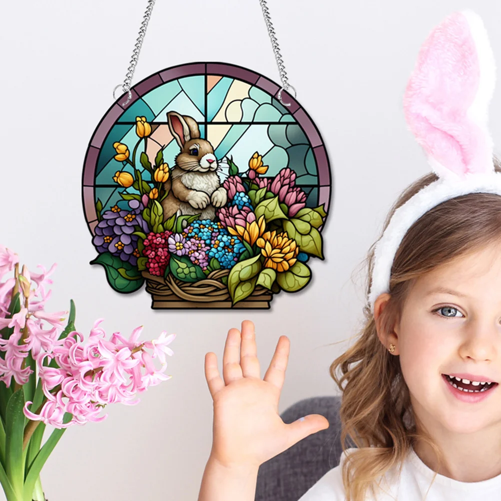 

Easter Themed Bunny and Flower Stained Hanging Ornament Acrylic Hanging Pendant