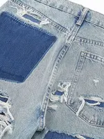 HH 2024 Women's Street Fashion Denim Blue Jeans Distressed Patchwork High Waist Zipper Fly Ripped Retro Long Pants - Image 4