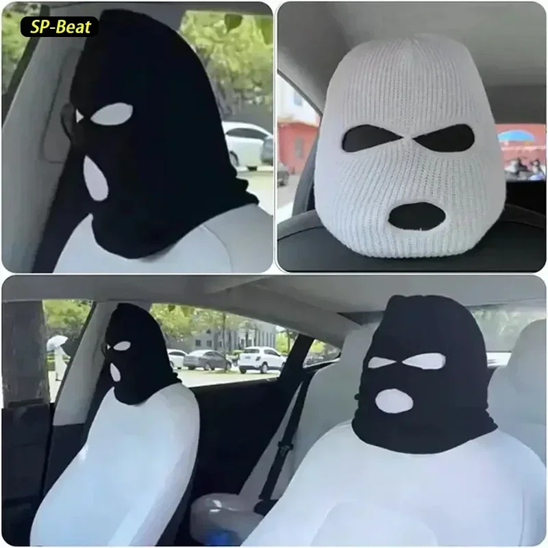2pcs Car Seat Cover Masked Person KnittedHeadgear Halloween Headrest Cover Decoration CarAnti-theft Warning Accessories