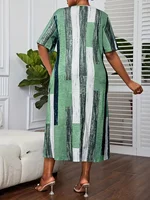 Women's plus-size casual V-neck short-sleeve dress with contrasting stripes, made of polyester knit fabric, straight cut, mid-le - Image 5