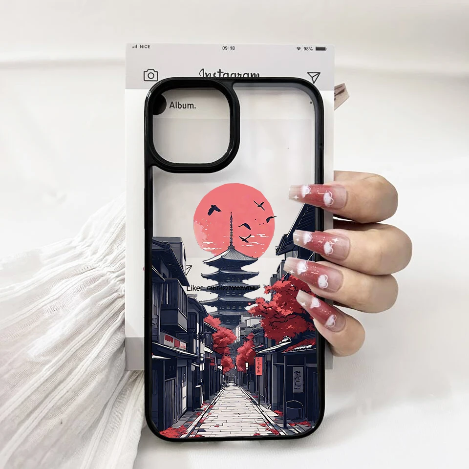 Anime-Inspired Sunset Mountain Landscape Pink Phone Case – Stylish Hard Cover