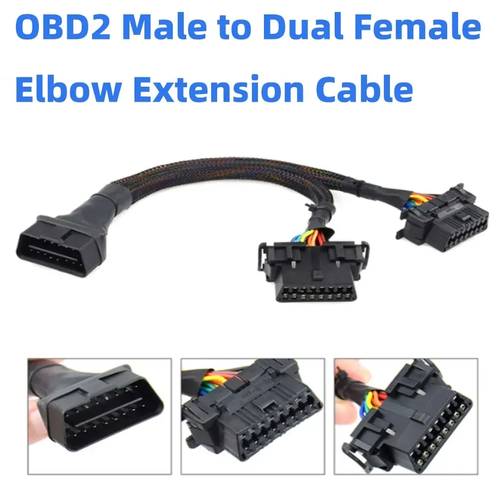 

OBD OBD2 Male to Dual Female Elbow Extension Cable with 16pins Available to Connected 1 IN 2 Converted OBD II Extender Adapter