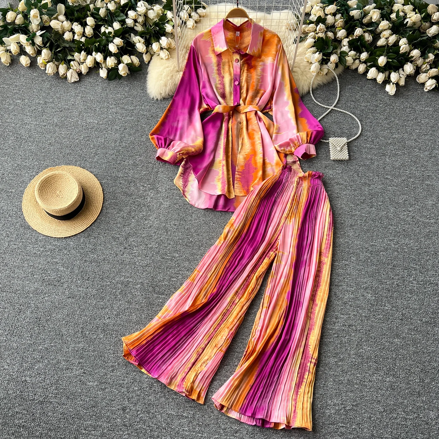 Clothland Women Vintage Print Blouse Pants Suit Loose Long Sleeve Belt Long Shirt Wide Leg Trousers Fashion Two Piece Set TA467