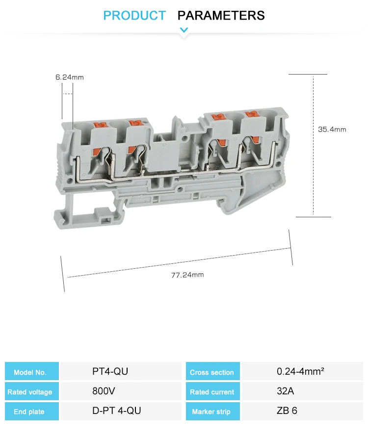 10 Stück PT4-QU Push-In 4 Leiter Doppelzufuhr Stecker PT 4 QUATTRO Draht Elektrischer Steckverbinder DIN-Schienenklemmenblock PT 4-QU – Detail 6
