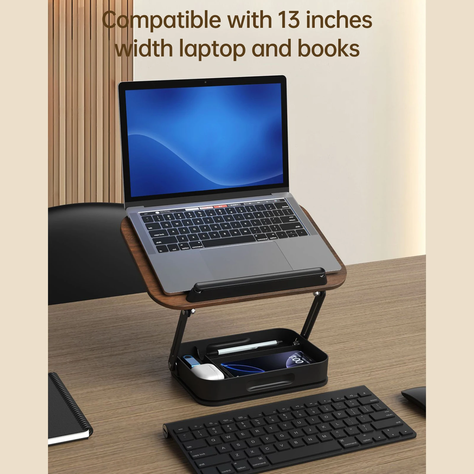 회전식 받침대가 있는 데스크탑 책꽂이, 나무 패널 페이지 클립, 수납 공간, 접이식 각도 조절 가능