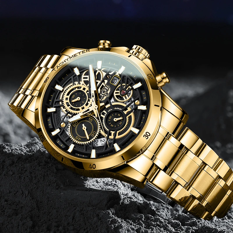 

Relogio Masculino Wrist Watches Men 2022 Top Brand Luxury LIGE Golden Chronograph Men Watches Gold Big Male Wristwatch Man +Box