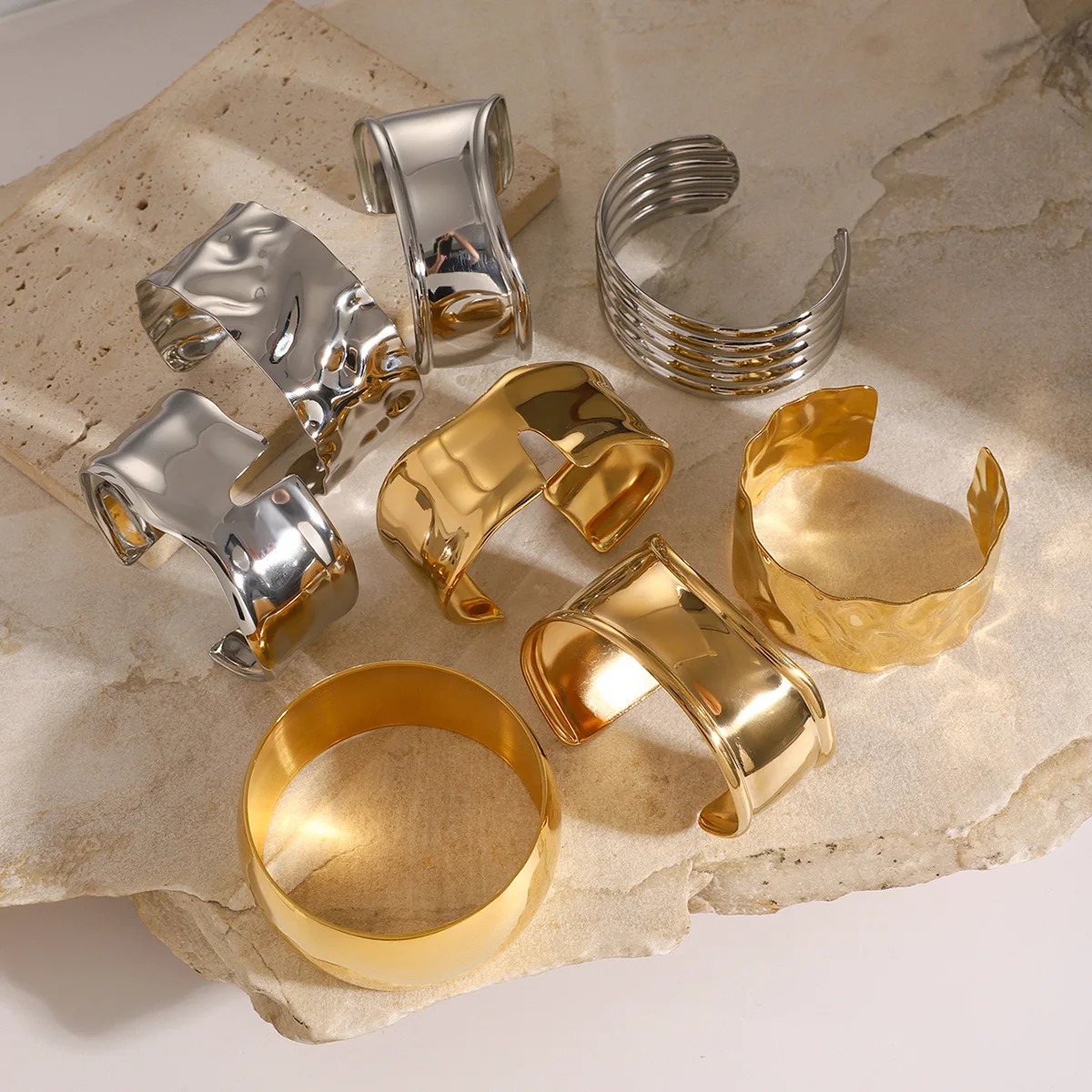 316 Stainless Steel Waterproof Geometric Irregular Open Bangle Cuff Gold Color Lava Textured Wide Bracelet Punk Vintage Jewelry