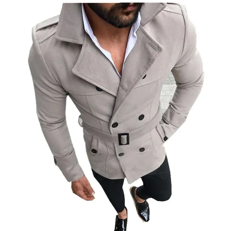 Men's Woolen Jacket Casual Style Overcoat Lapel Double Row Buttoning With Belt Fashionable Outerwear For Winter