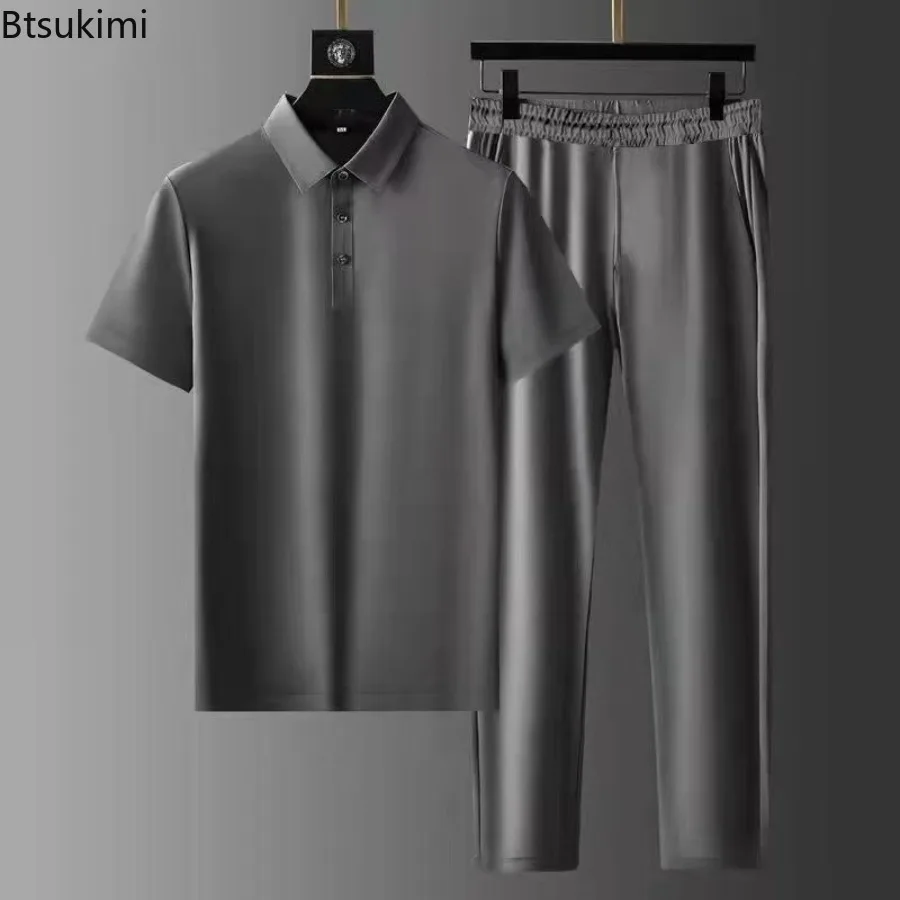 

2024 Men's Fashion Solid Two-Piece Sets Casual Comfy Lapel T-shirt+Trousers Sport Outfit Men Breathable High-Quality Tracksuits