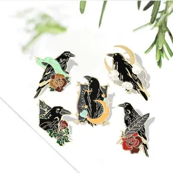 Crow Raven Enamel Pin Custom Bird Feather Moon Flowers Brooches Bag Lapel Pin Punk Badge Gothic Jewelry Gift for Friends