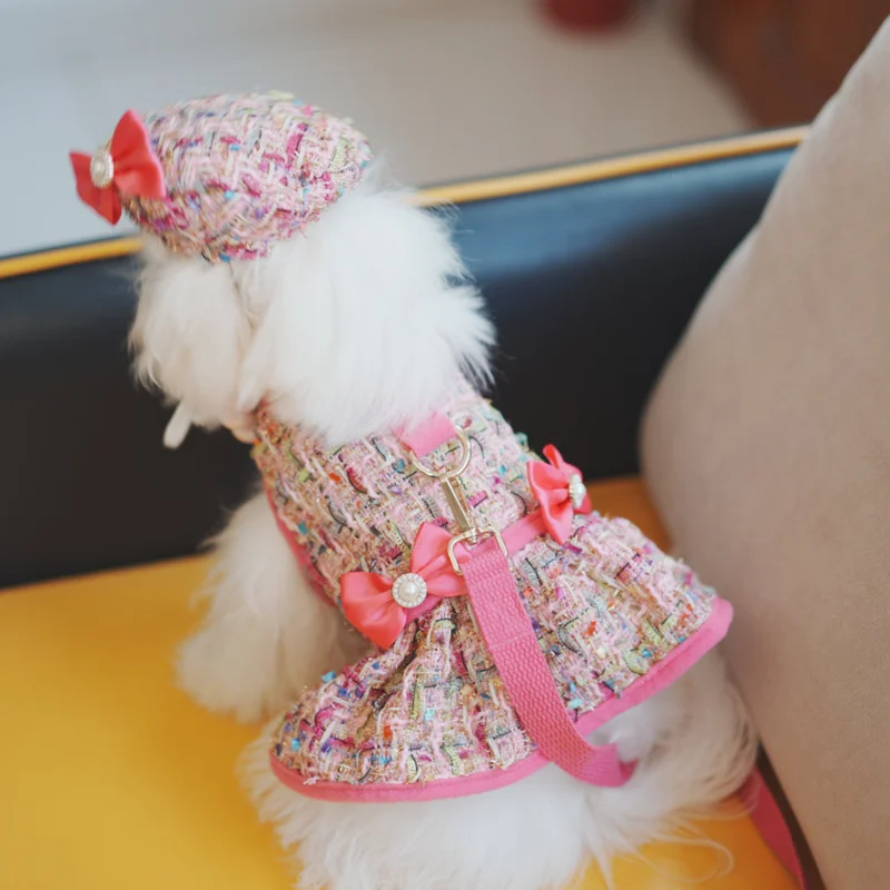 

Small Fragrance Chest Strap Dress Pet Clothing Dogs Dog Harnesses Costume French Bulldog Print Cute Autumn Pink Girl Mascotas