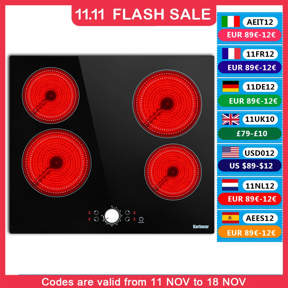 Karinear 24 Inch Electric Cooktop 4 Burners Ceramic Stove Top, 220-240v Built-in 60cm, Knob Control, 9 Power Levels, No Plug