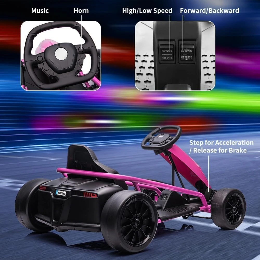 Go Kart 24V 300W*2 Motors 9Ah Battery 8MPH High Speed Drifting Music Horn Max Load 175lbs Outdoor go kart parts